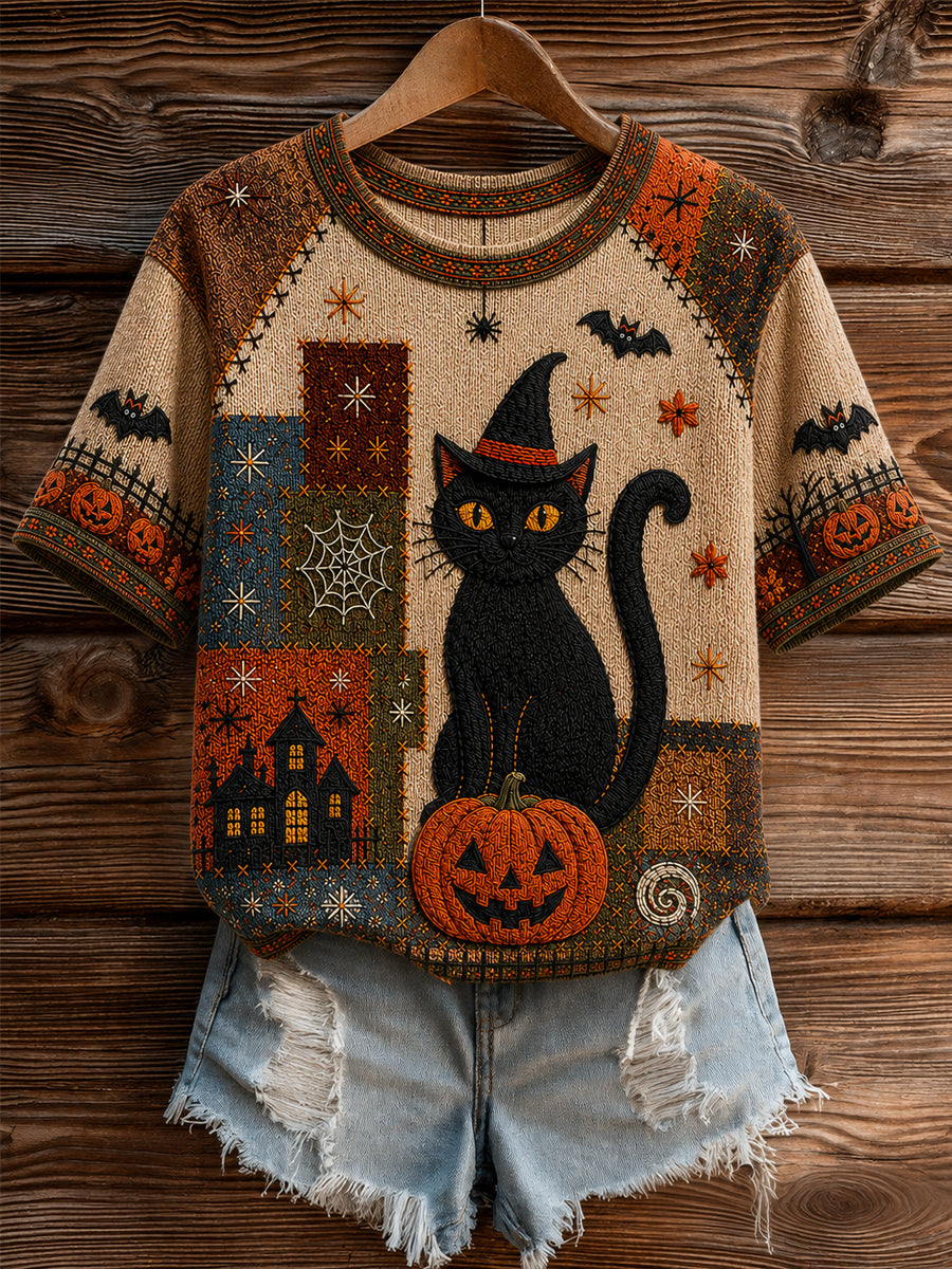Women's Halloween Black Cat Art Short Sleeve T-shirt