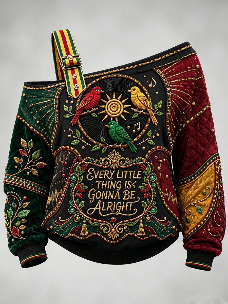 Women's Reggae Printed One Shoulder Waffle Casual Sweatshirt