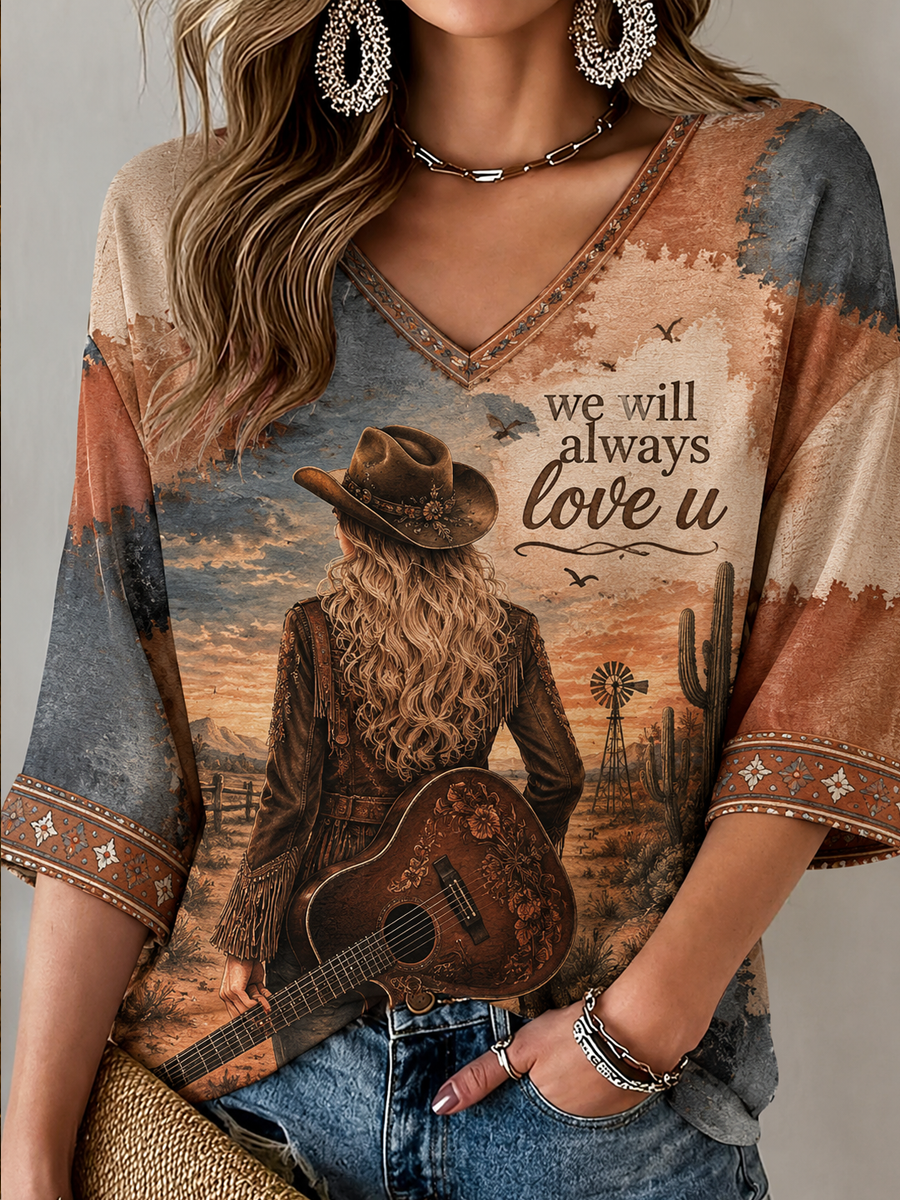 Women's Rip Country Music Lover Queen of Country Printed Mid-length Sleeves V-Neck T-Shirt