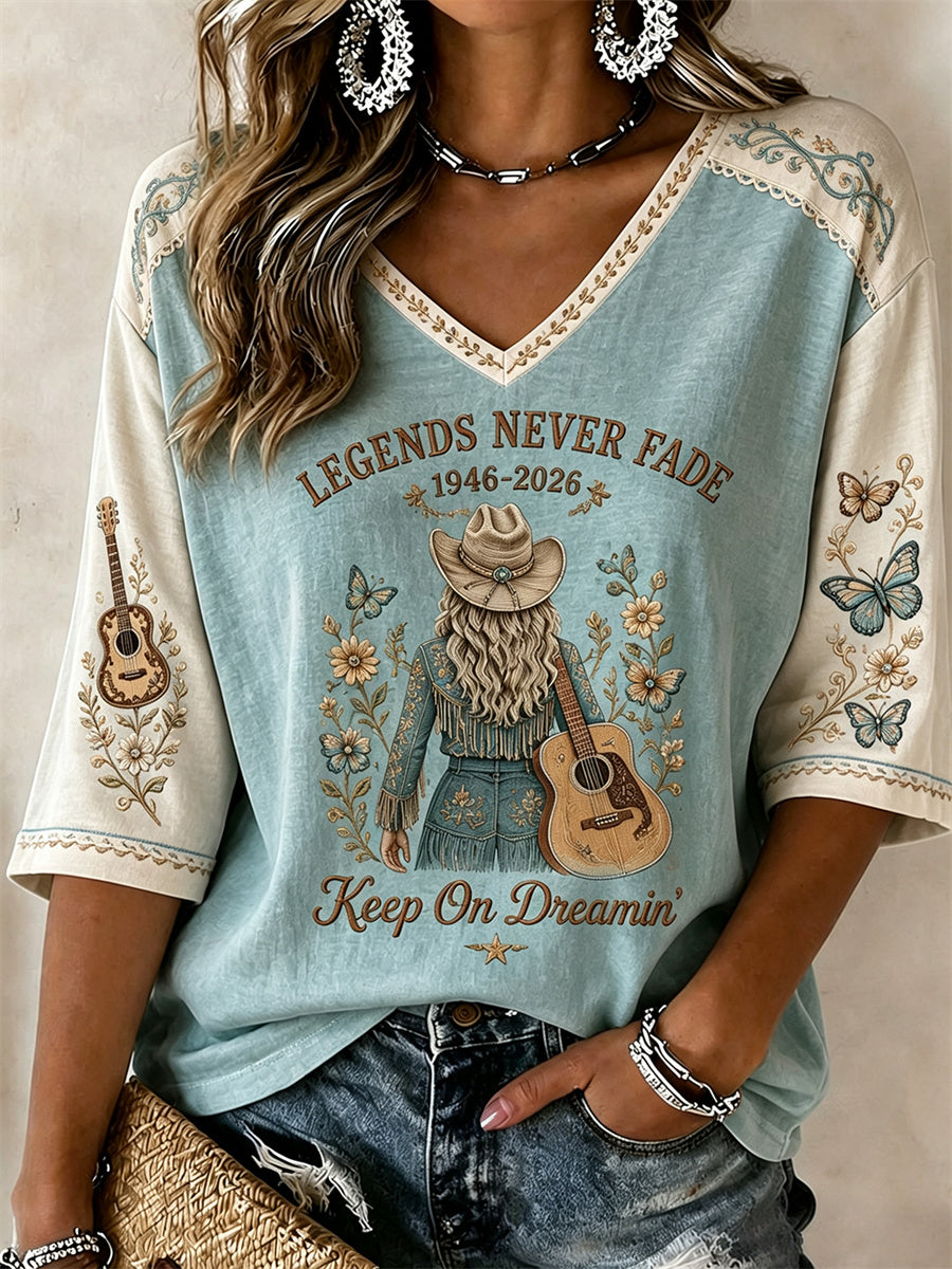 Women's Country Music Legend Print Memorial Mid-length Sleeves V-Neck T-Shirt