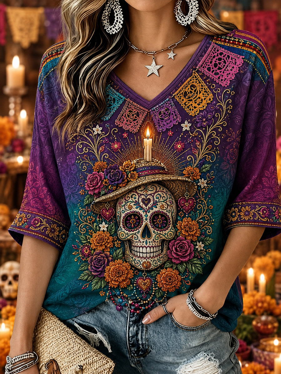 Women's Mexico's Day of the Dead Embroidery Pattern Linen V-Neck Shirt
