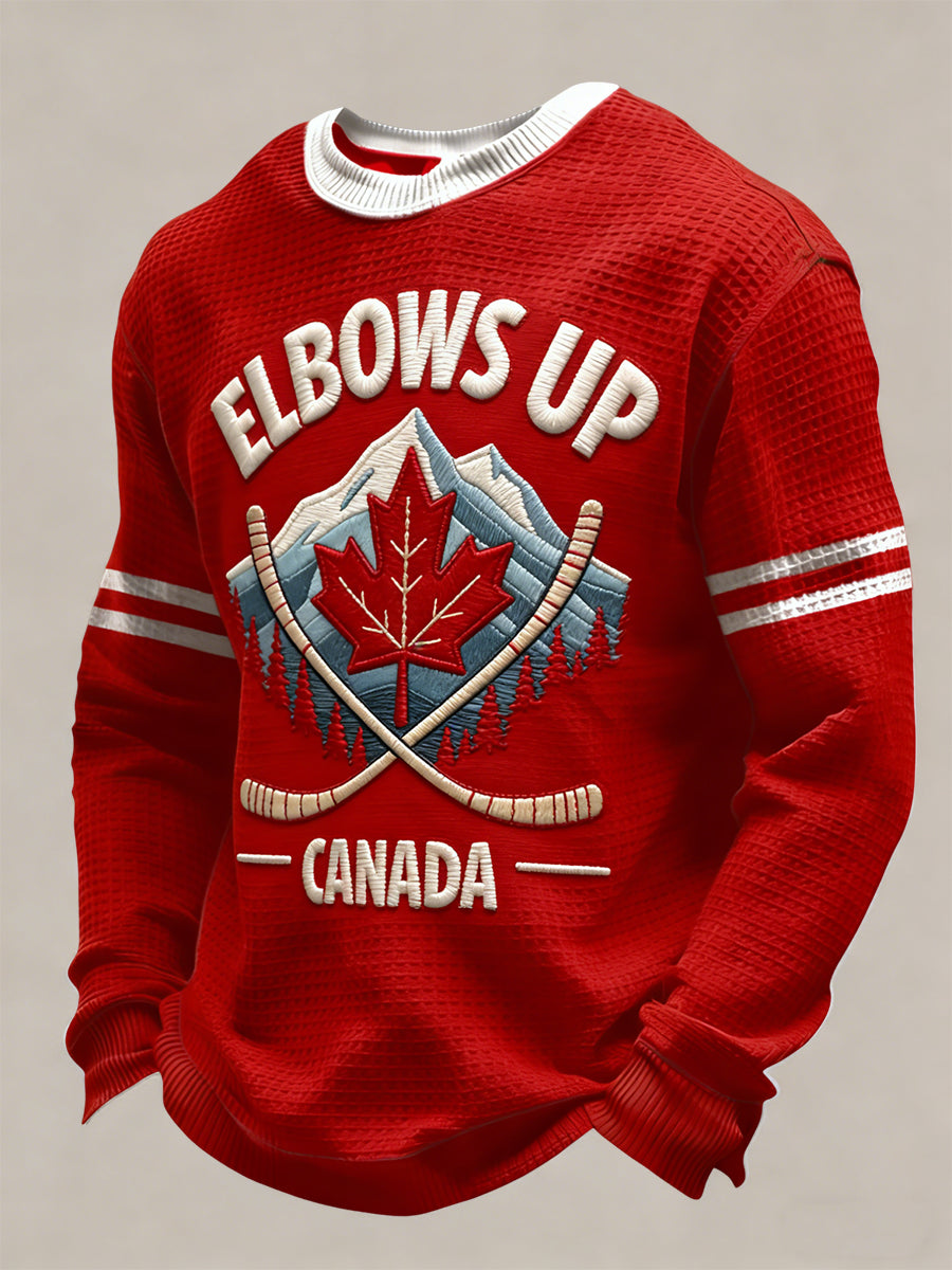 Retro Canadian Hockey Mountain-Inspired Casual Waffle-Weave T-Shirt