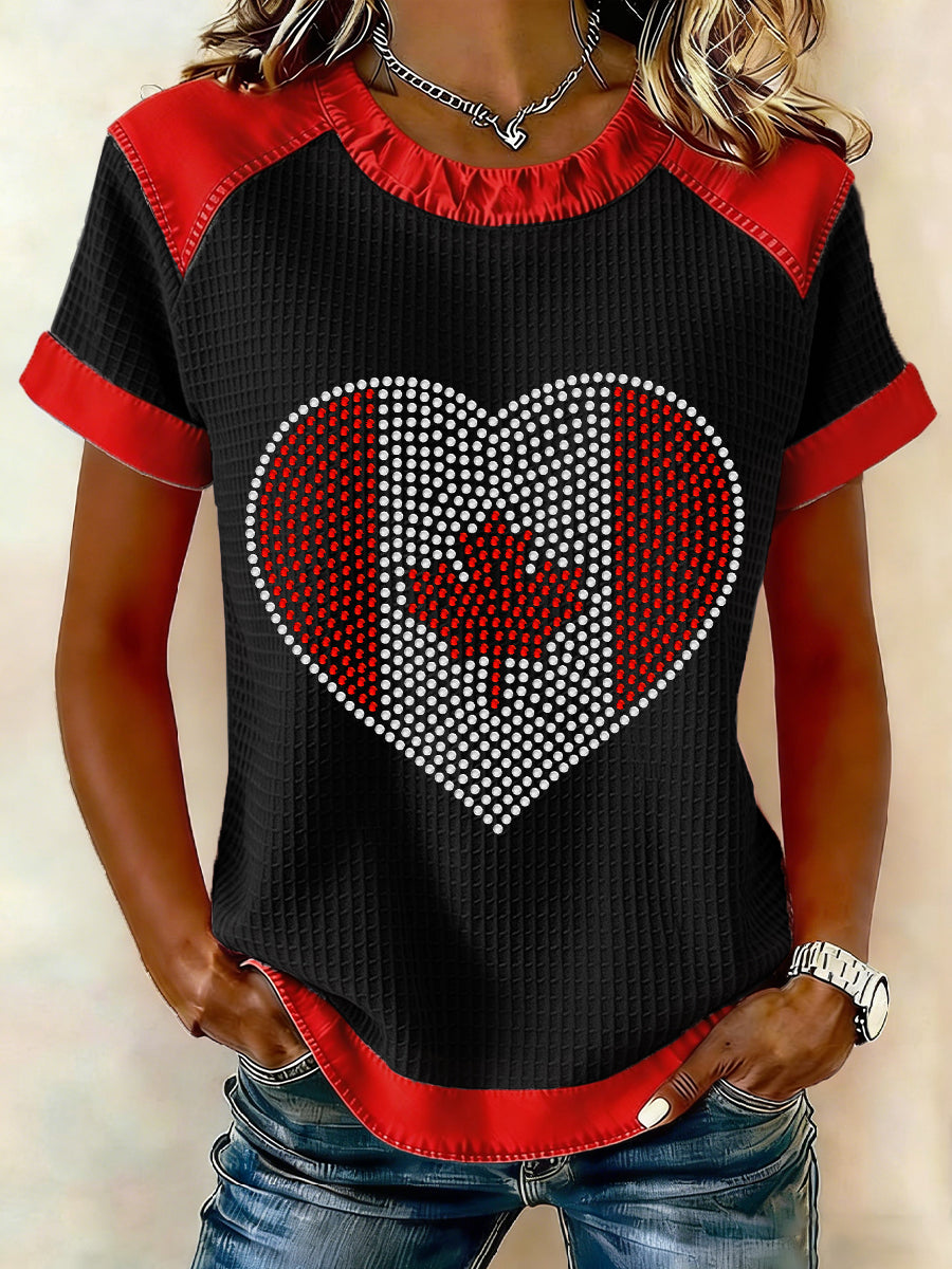 Women's Canada Inspired Rhinestone Pattern Waffle T-Shirt