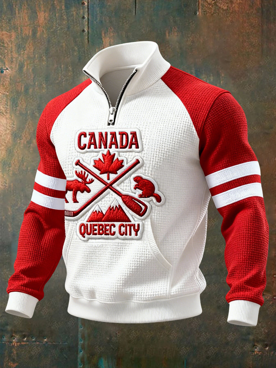 Retro Quebec City Canada Hockey Patchwork Zipper Waffle Knit Pullover