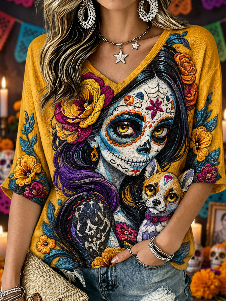 Women's Day of the Dead Print Casual T-Shirt