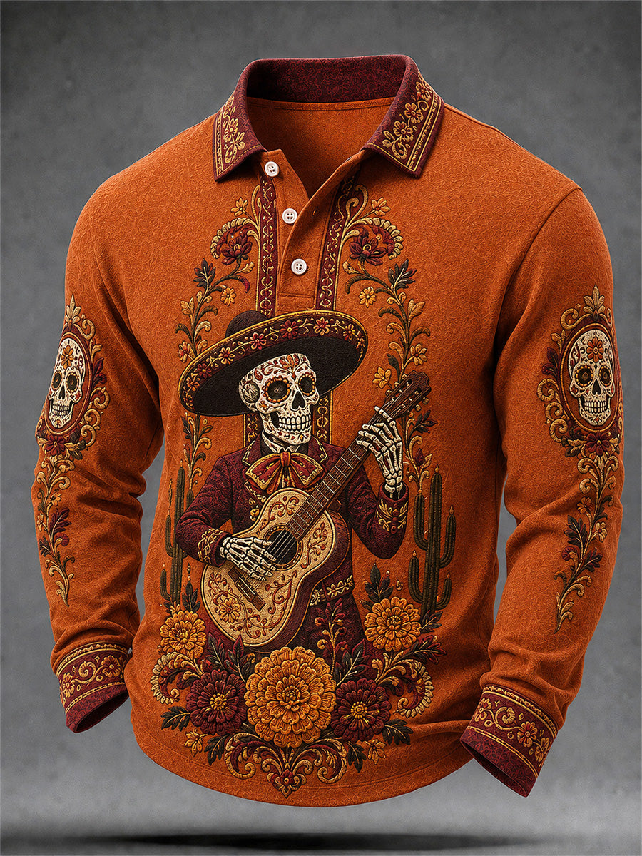 Men's Mexico Day of The Dead Art Print Casual Long Sleeve Polo