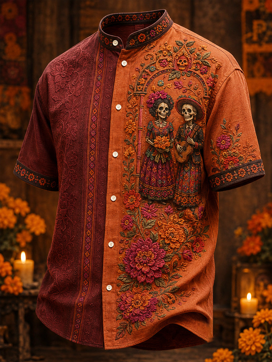 Men's Mexico Day of The Dead Floral Art Printed Shirt