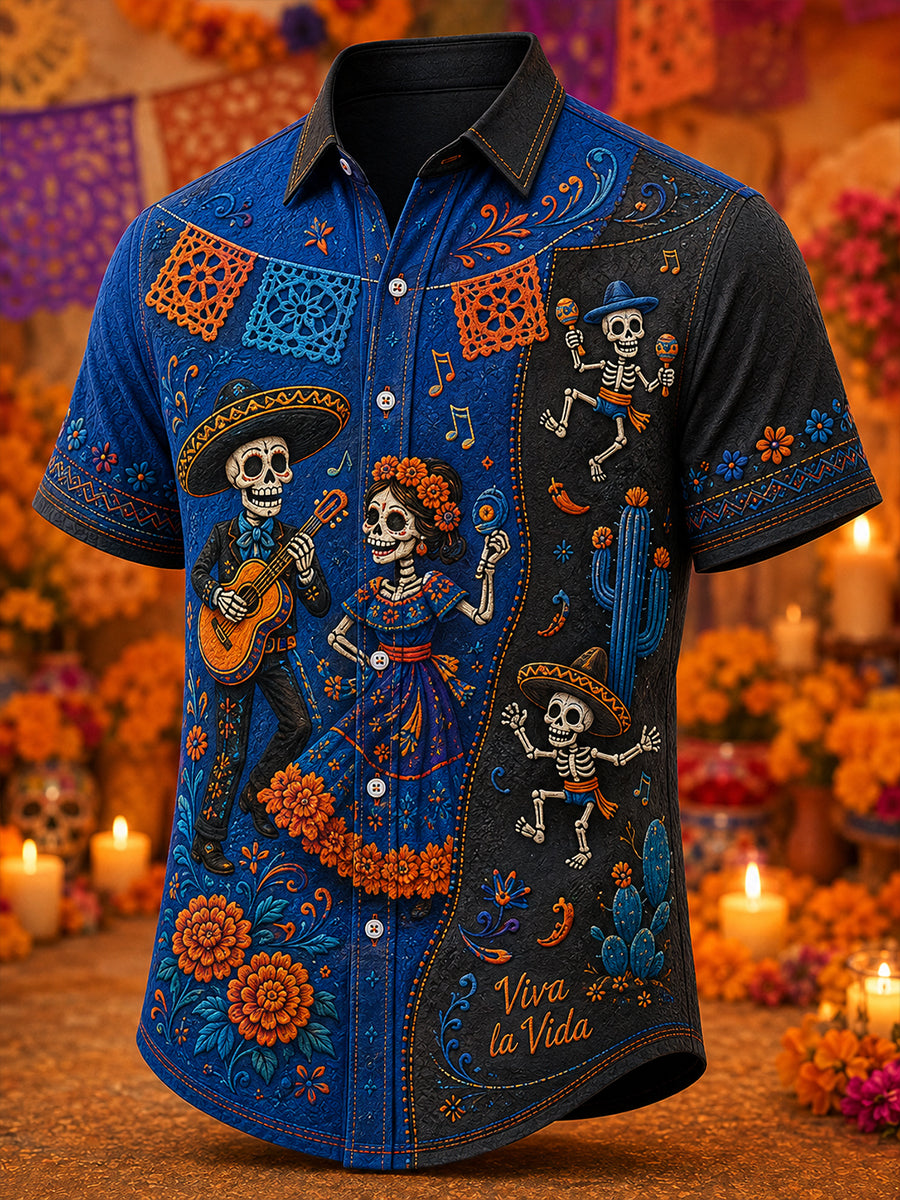 Men's Mexico's Day of the Dead Print Short-Sleeved Shirt