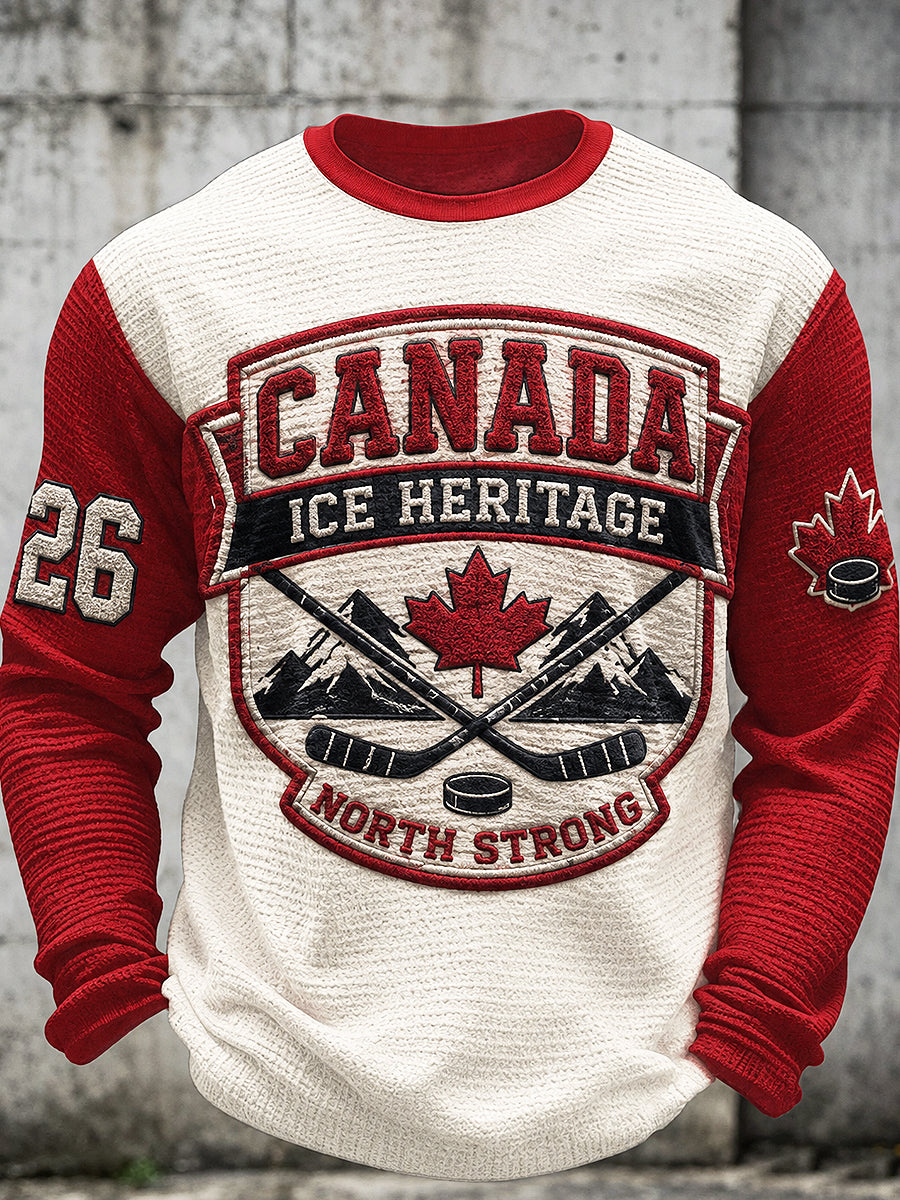 Men's Canadian Ice Hockey Printed Waffle Long Sleeved Round Neck Sweatshirt