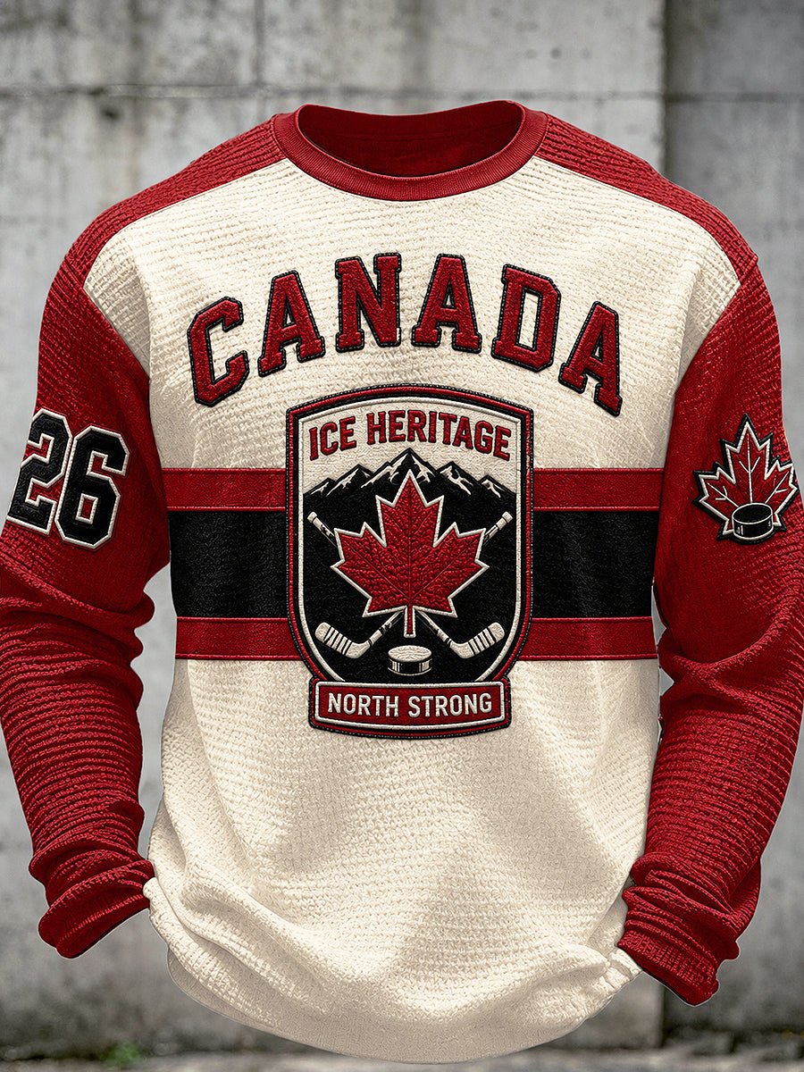 Men's Canadian Ice Hockey Printed Waffle Long Sleeved Round Neck Sweatshirt