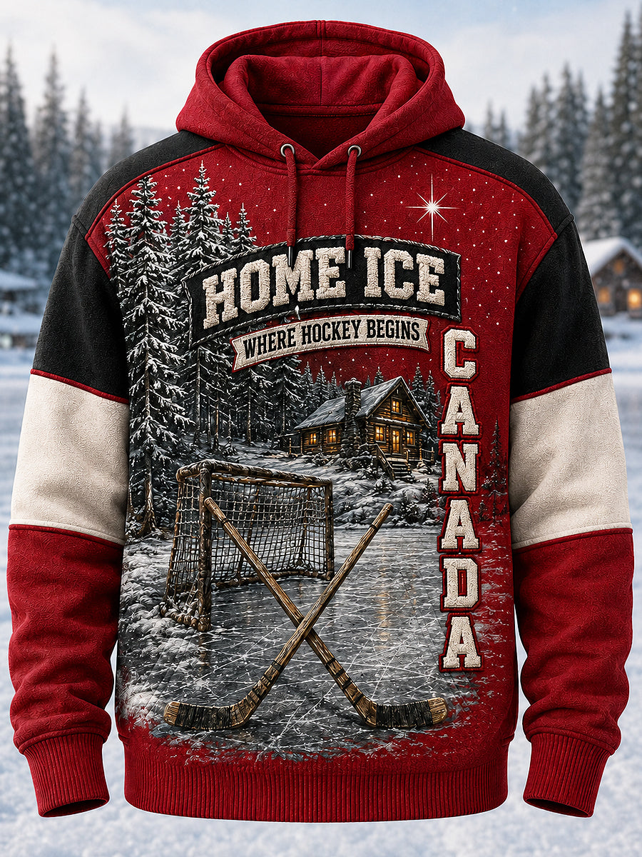 Men's Canadian Ice Hockey Printed Long Sleeved Hooded Sweatshirt