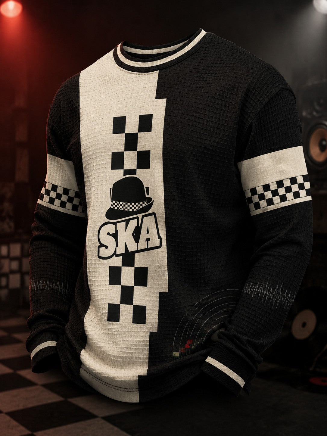 Men's Ska Revival Style Printed Waffle Long Sleeve T-Shirt