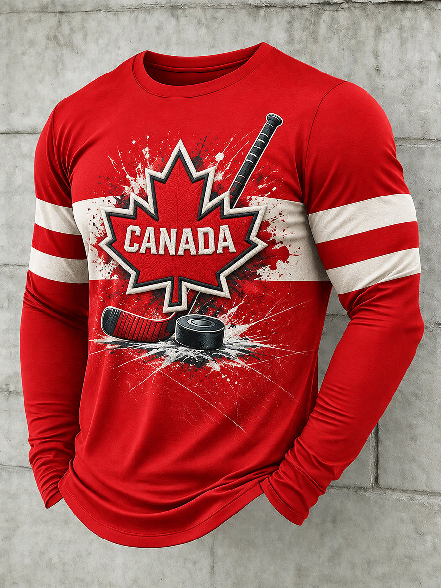 Men's Canadian Hockey Printed Long Sleeved Round Neck T-shirt