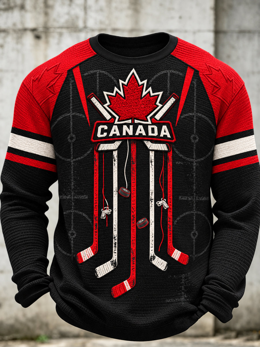 Men's Canadian Hockey Printed Waffle Long Sleeved Round Neck Sweatshirt