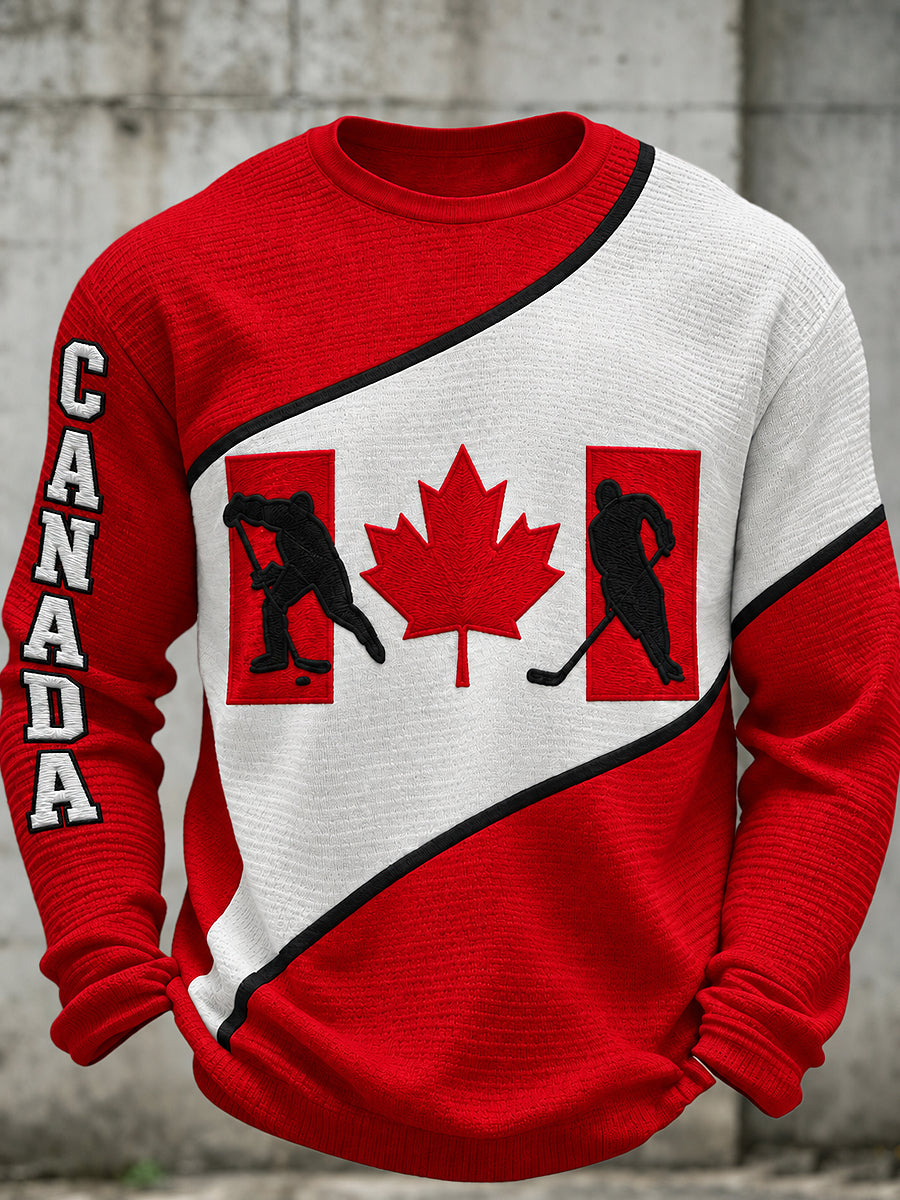Men's Canadian Hockey Printed Waffle Long Sleeved Round Neck Sweatshirt