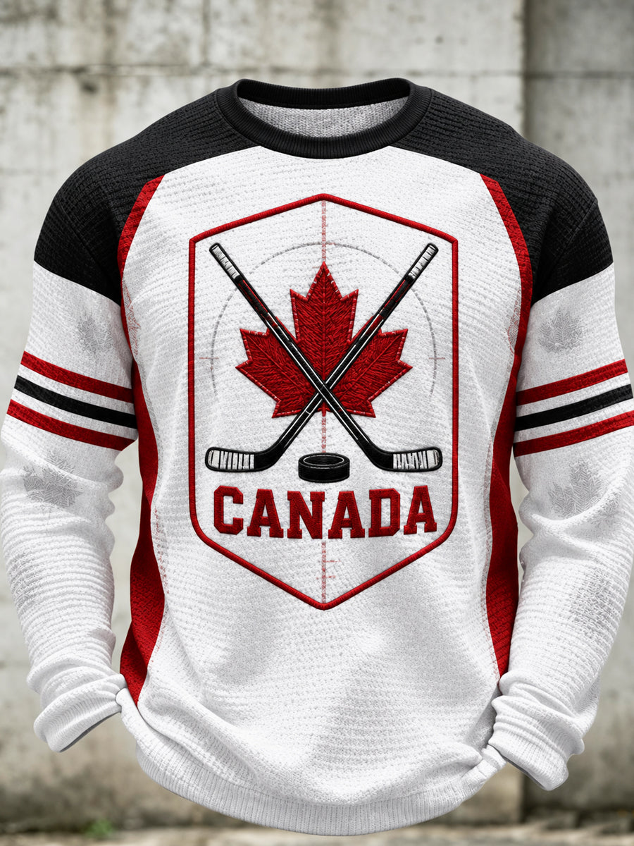 Men's Canadian Hockey Printed Waffle Long Sleeved Round Neck Sweatshirt