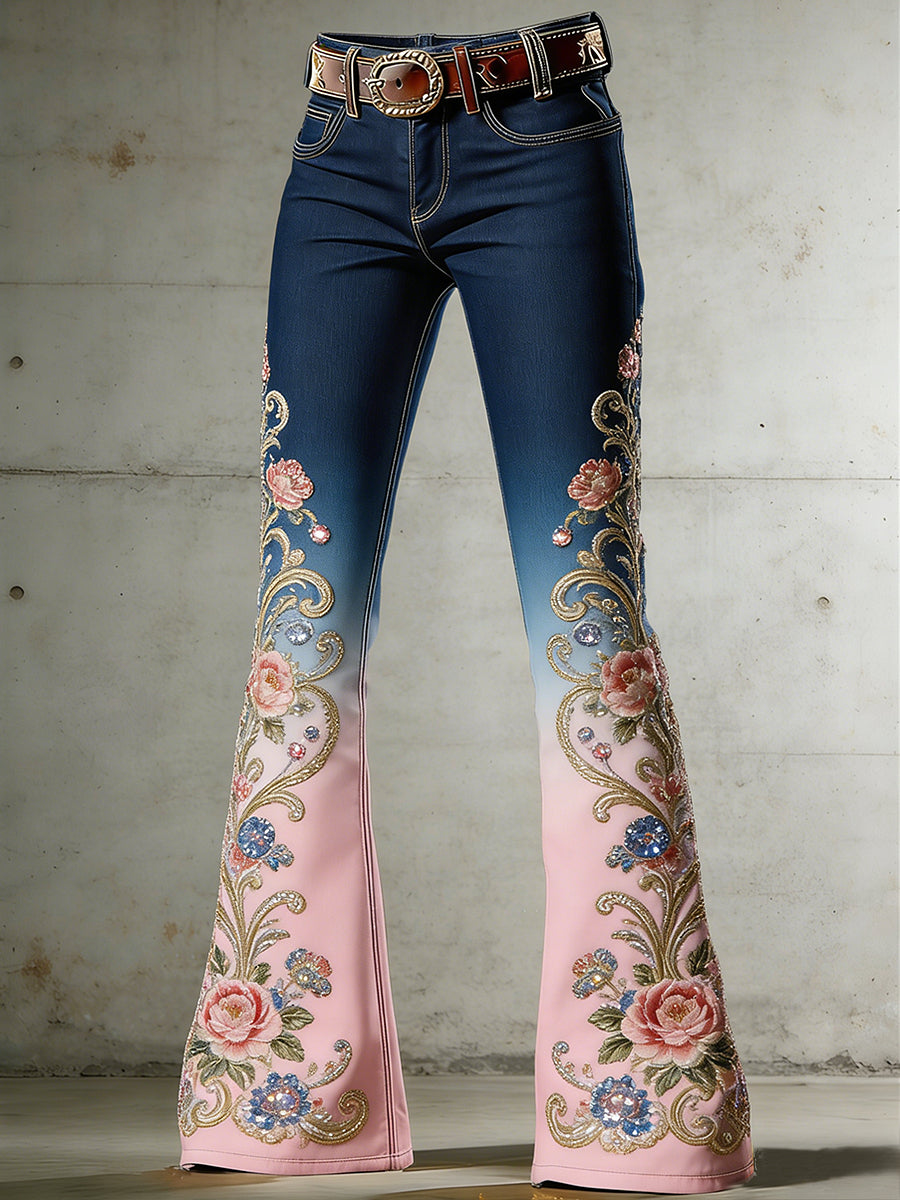 Women's Flower Art Print Flared Trousers
