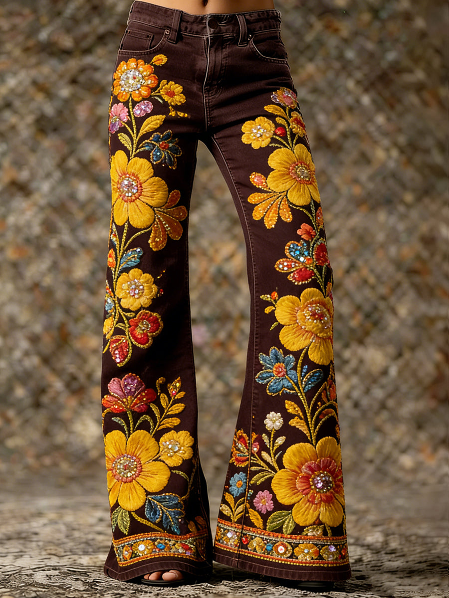 Women's Flower Art Print Flared Trousers
