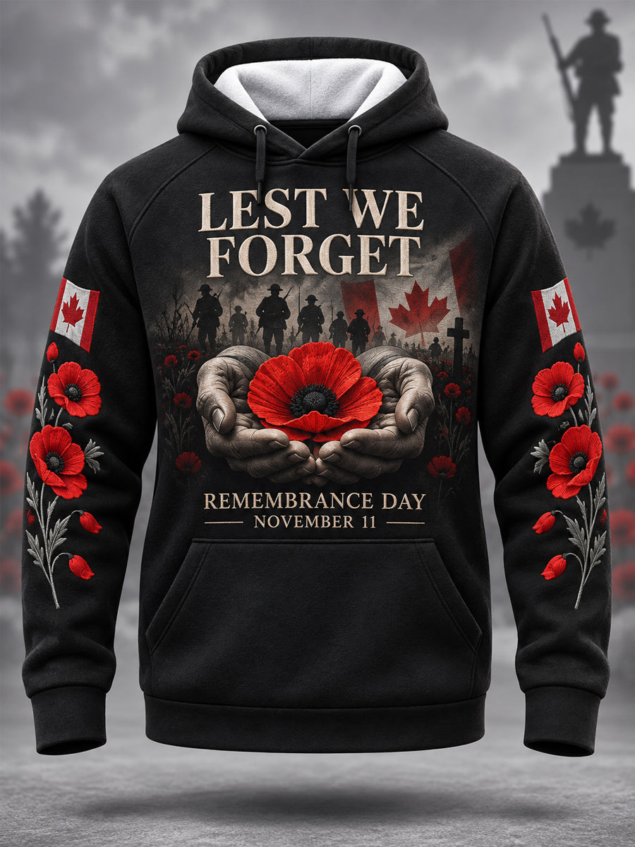 Men's Lest We Forget Canada Remembrance Day Poppy Print Hoodie