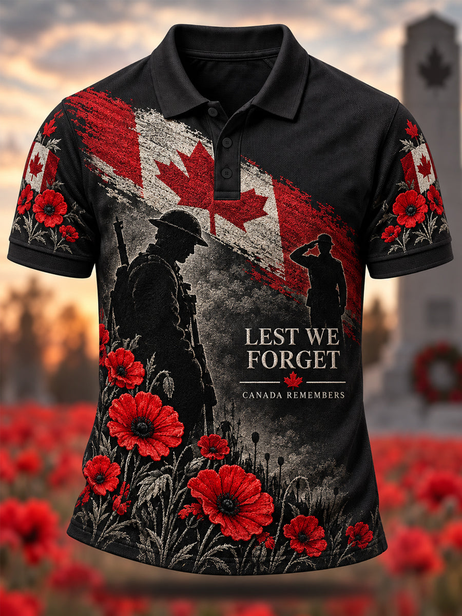 Men's Lest We Forget Canada Remembrance Day Poppy Print Polo Shirt