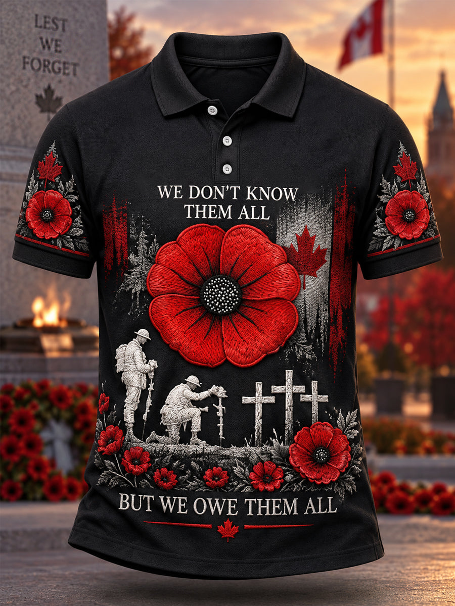 Men's Lest We Forget Canada Remembrance Day Poppy Print Polo Shirt