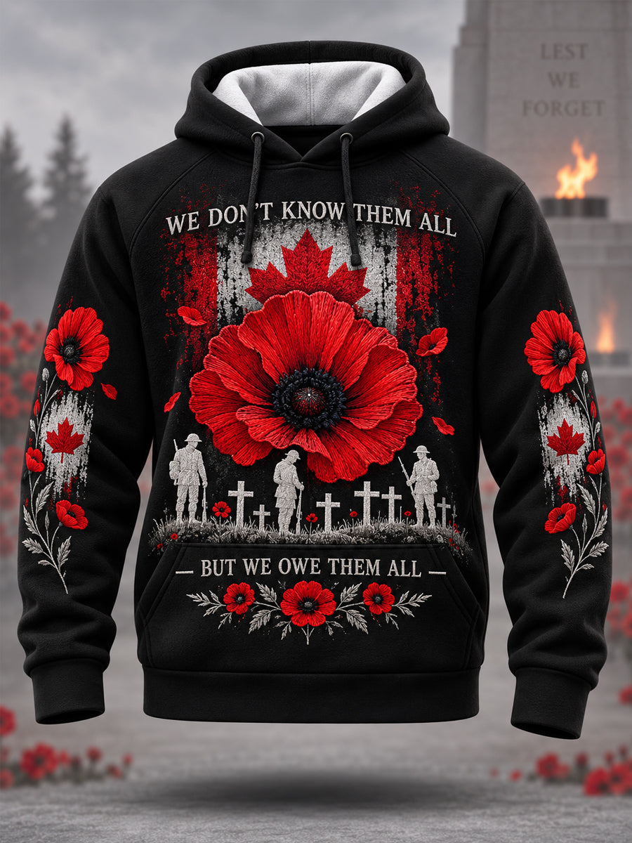 Men's Lest We Forget Canada Remembrance Day Poppy Print Hoodie