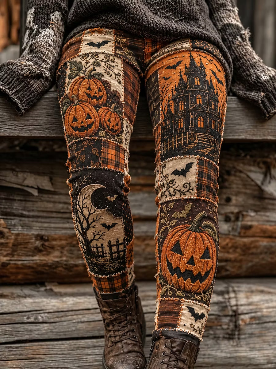 Women's Halloween Witch, Castle and Pumpkin Pattern Patchwork Leggings