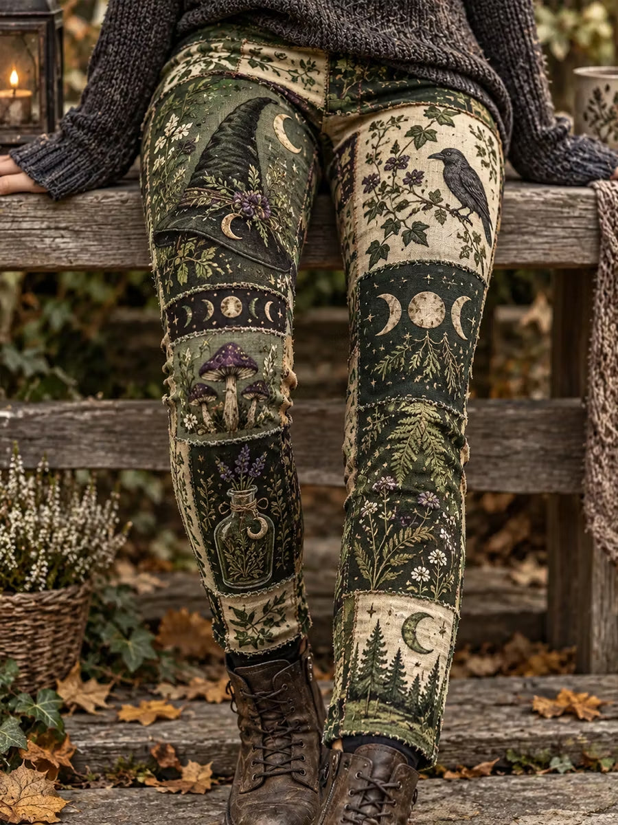 Women's Halloween Mysterious Forest Witch and Moon Phase Leggings