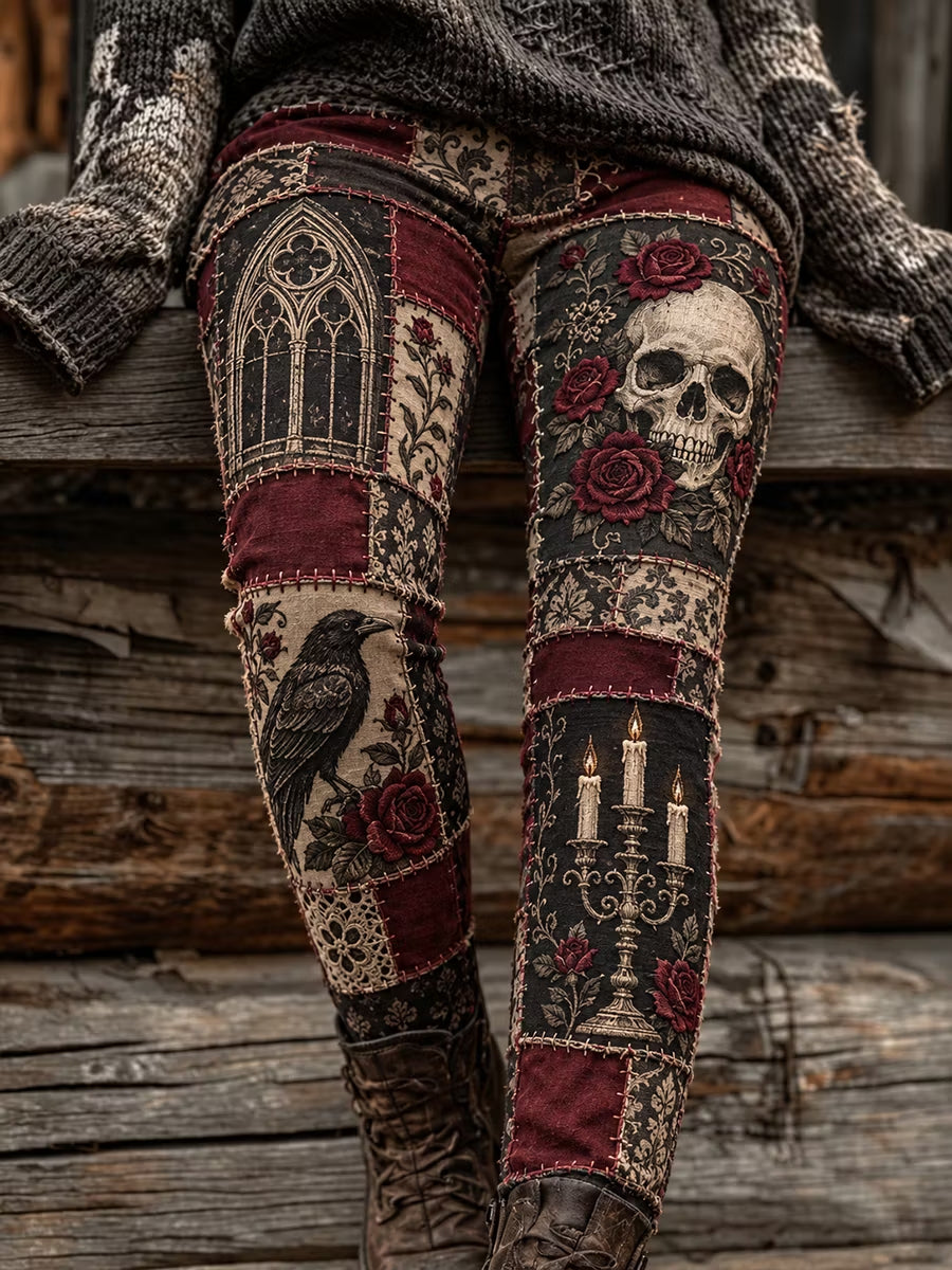 Women's Halloween Gothic Rose Skull Retro Leggings