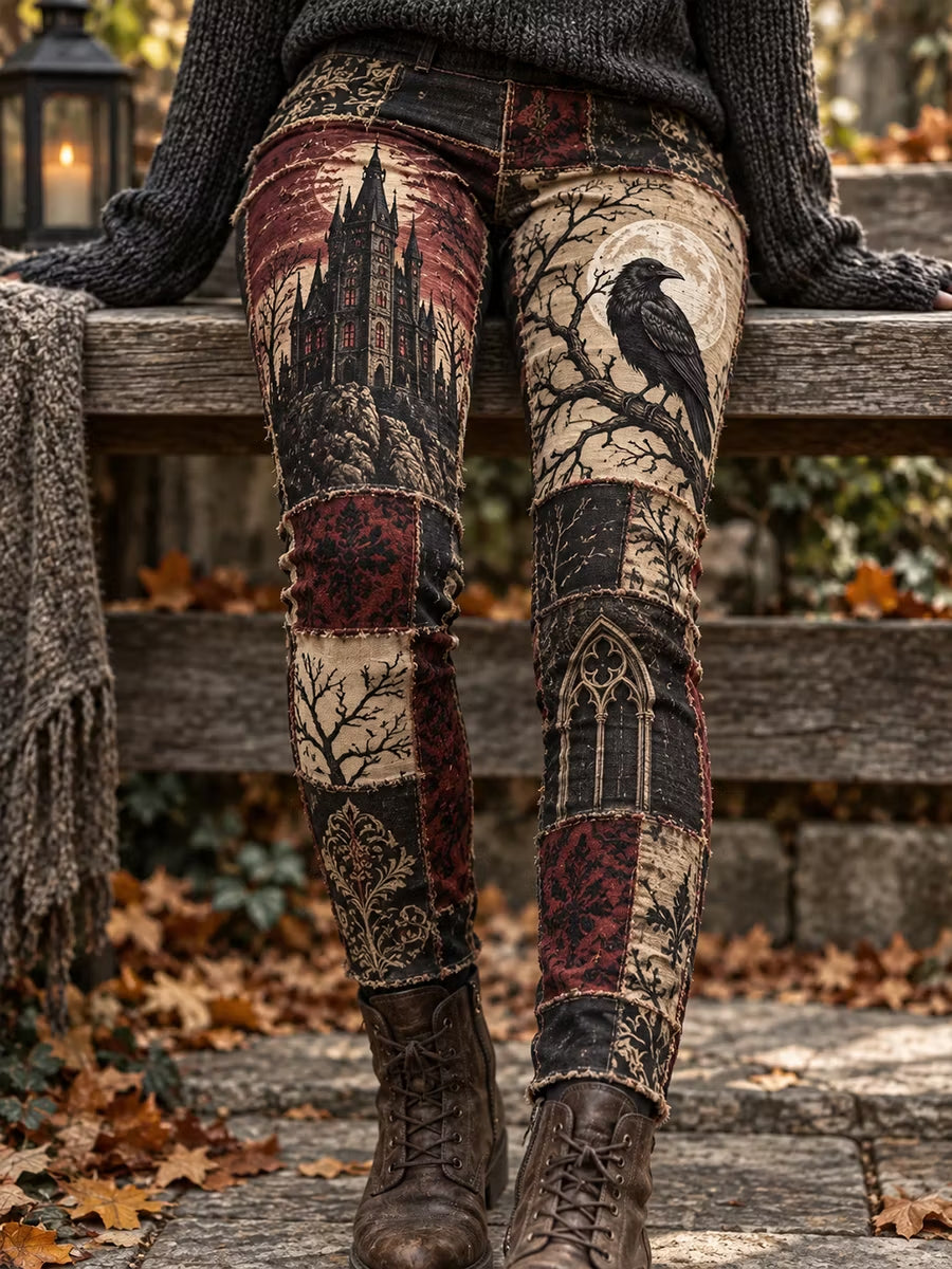 Women's Halloween Gothic Raven Castle Dark Fantasy Patchwork Leggings
