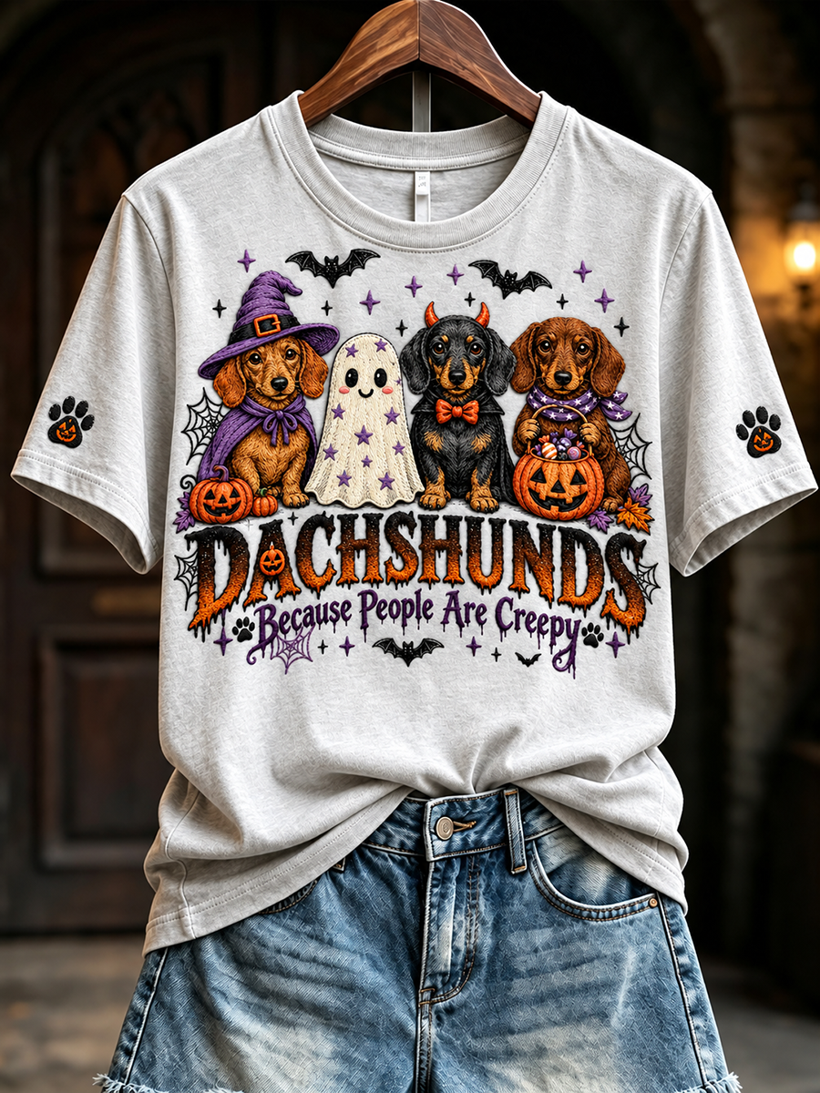 Women's Dachshunds Because People Are Creepy Halloween Print Short-sleeved T-shirt