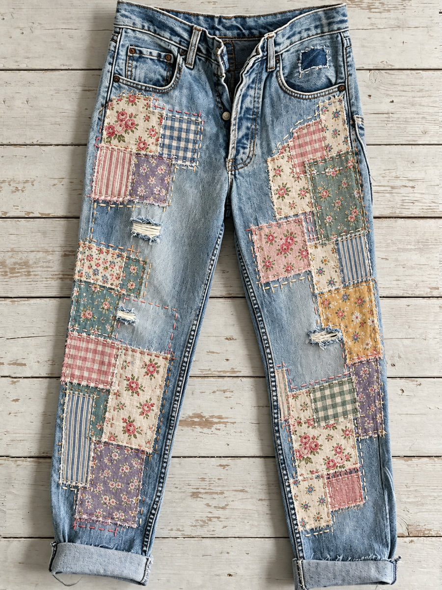 Women's Artistic Flowers Print Jeans