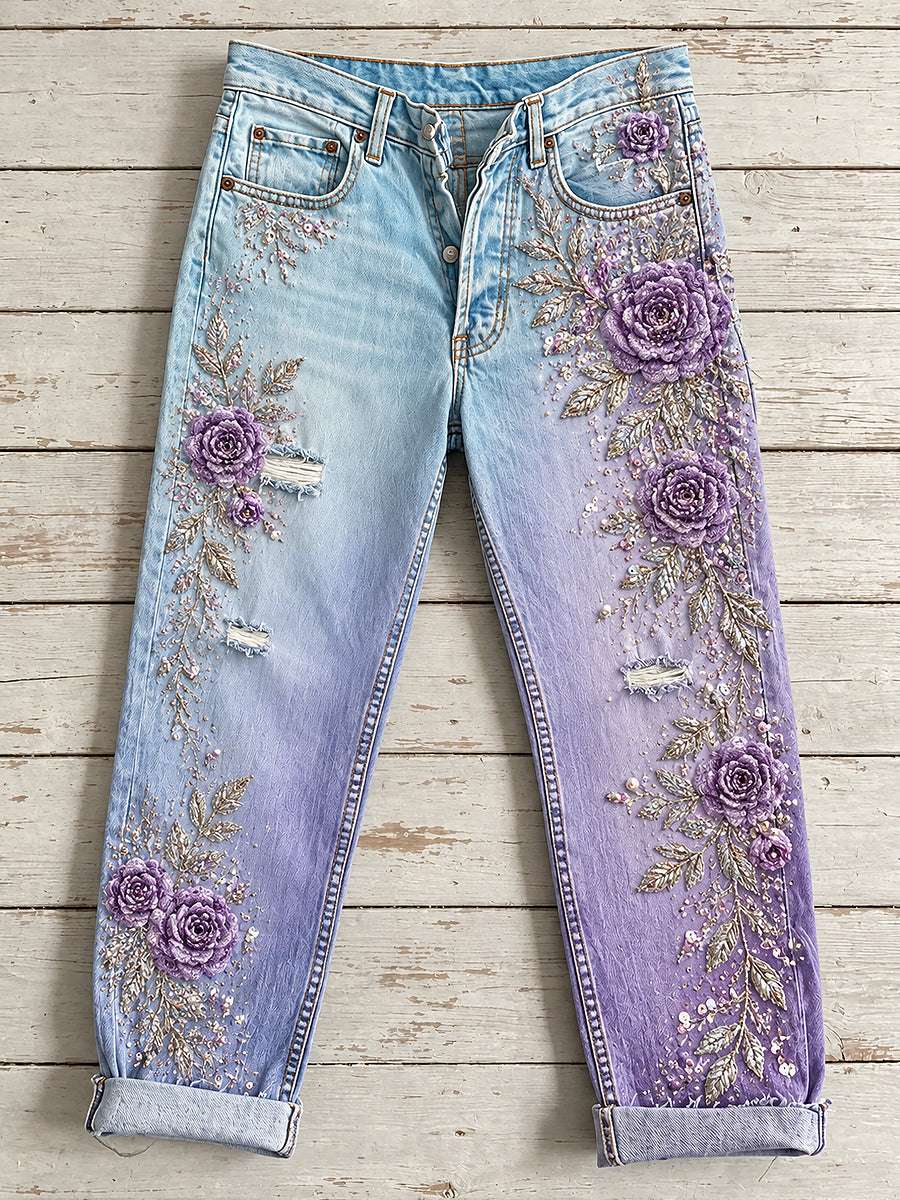 Women's Artistic Flowers Print Jeans