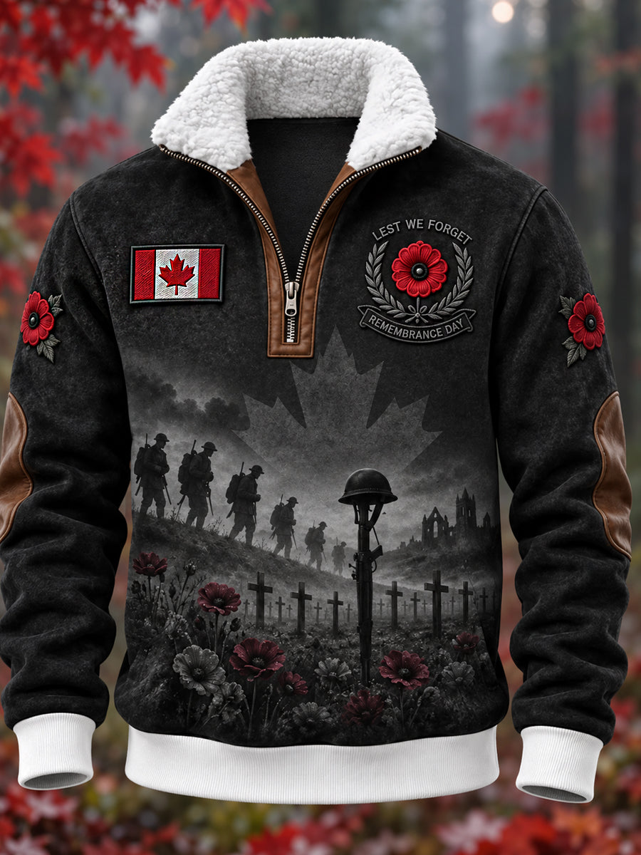 Men's Remembrance Day Printed Long Sleeved Stand Up Collar Lambhair Zipper Top