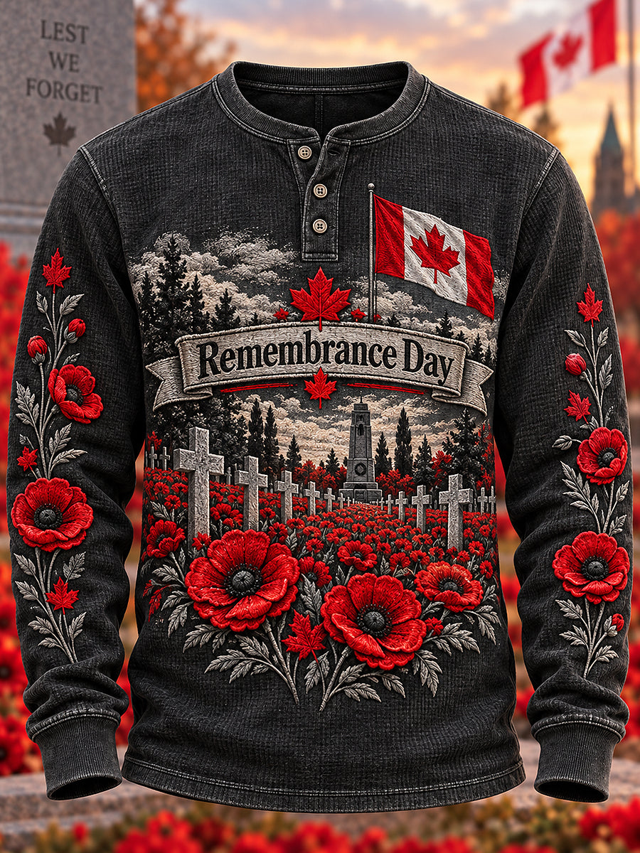 Men's Remembrance Day Art Printed Long Sleeve Henley Shirt