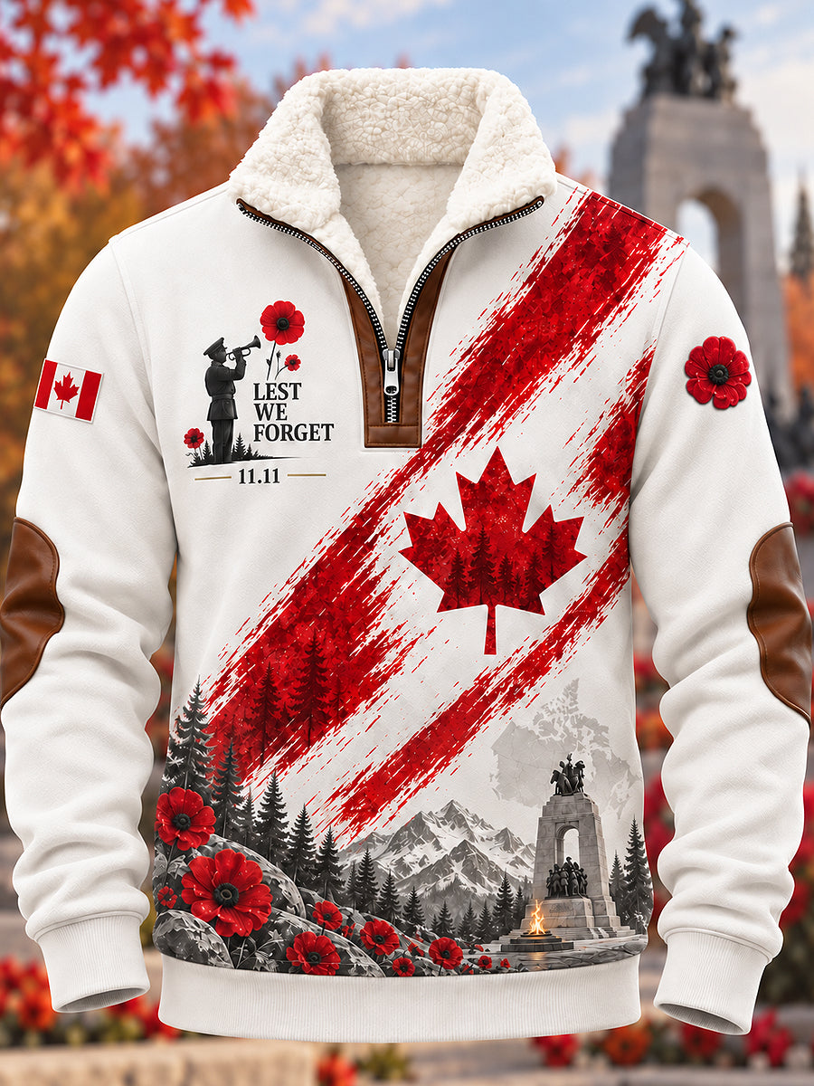 Men's Remembrance Day Printed Long Sleeved Stand Up Collar Lambhair Zipper Top