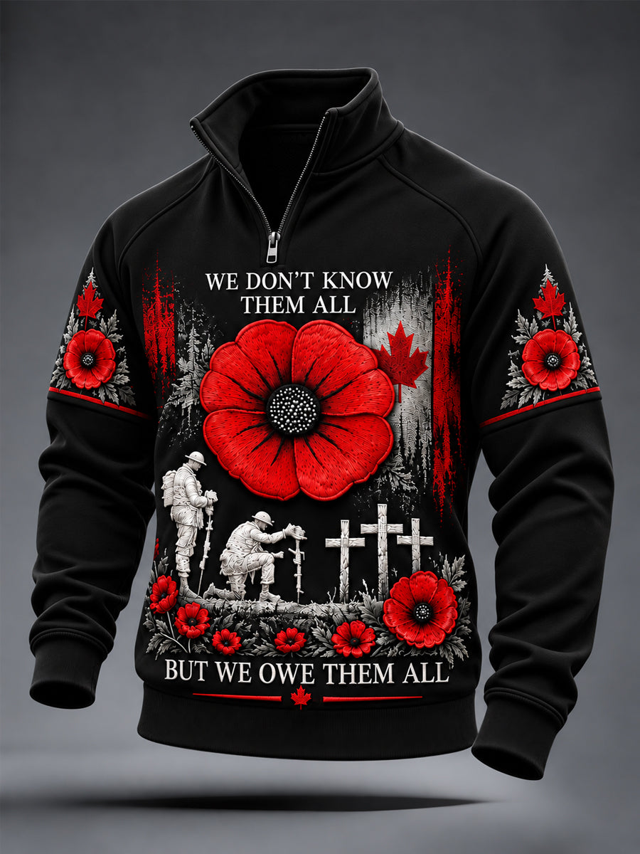 Men's Lest We Forget Canada Remembrance Day Poppy Print Zipper Sweatshirt