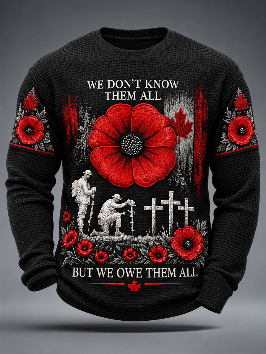 Men's Lest We Forget Canada Remembrance Day Poppy Print Waffle Long Sleeve T-Shirt