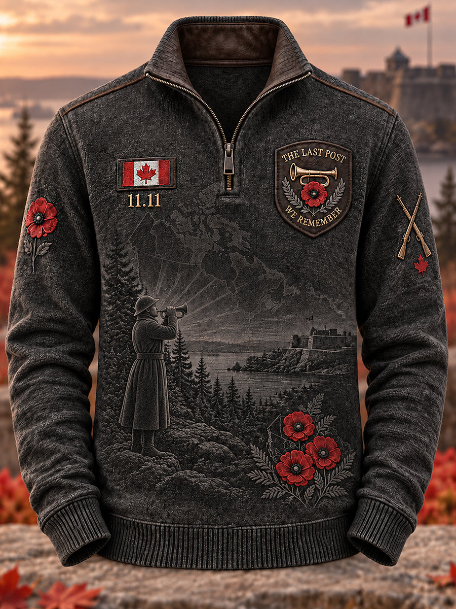 Men's Remembrance Day Art Printed Stand Up Collar Half Zipper Sweater