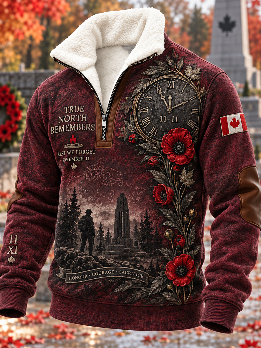 Men's Remembrance Day Printed Long Sleeved Stand Up Collar Lambhair Zipper Top