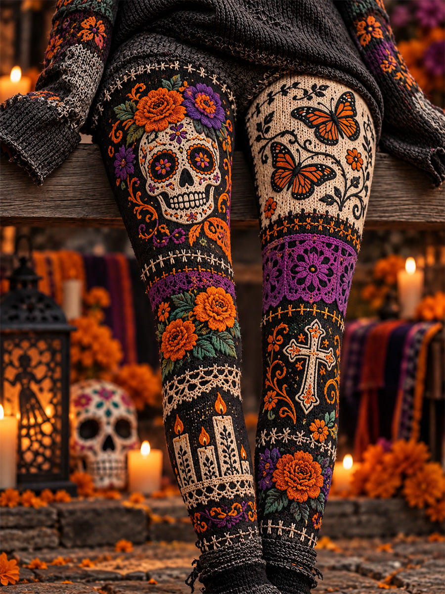 Women's Mexico Day of The Dead Art Print Casual Velvet Leggings
