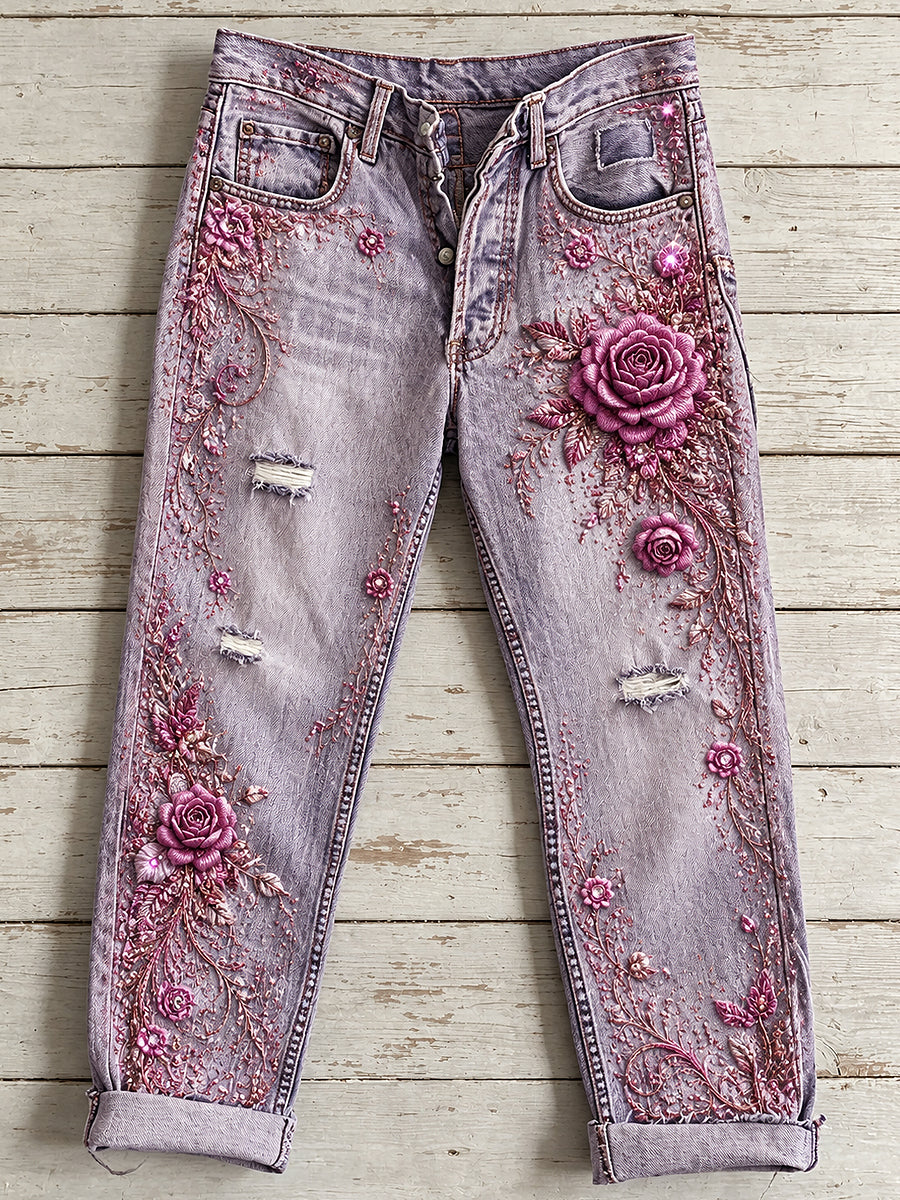 Women's Flowers Animal Art Print Jeans