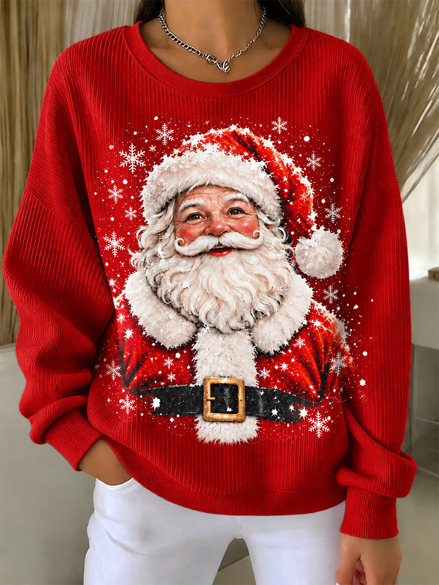 Women's Santa Claus Print Casual Ribbed Round-Neck Sweatshirt