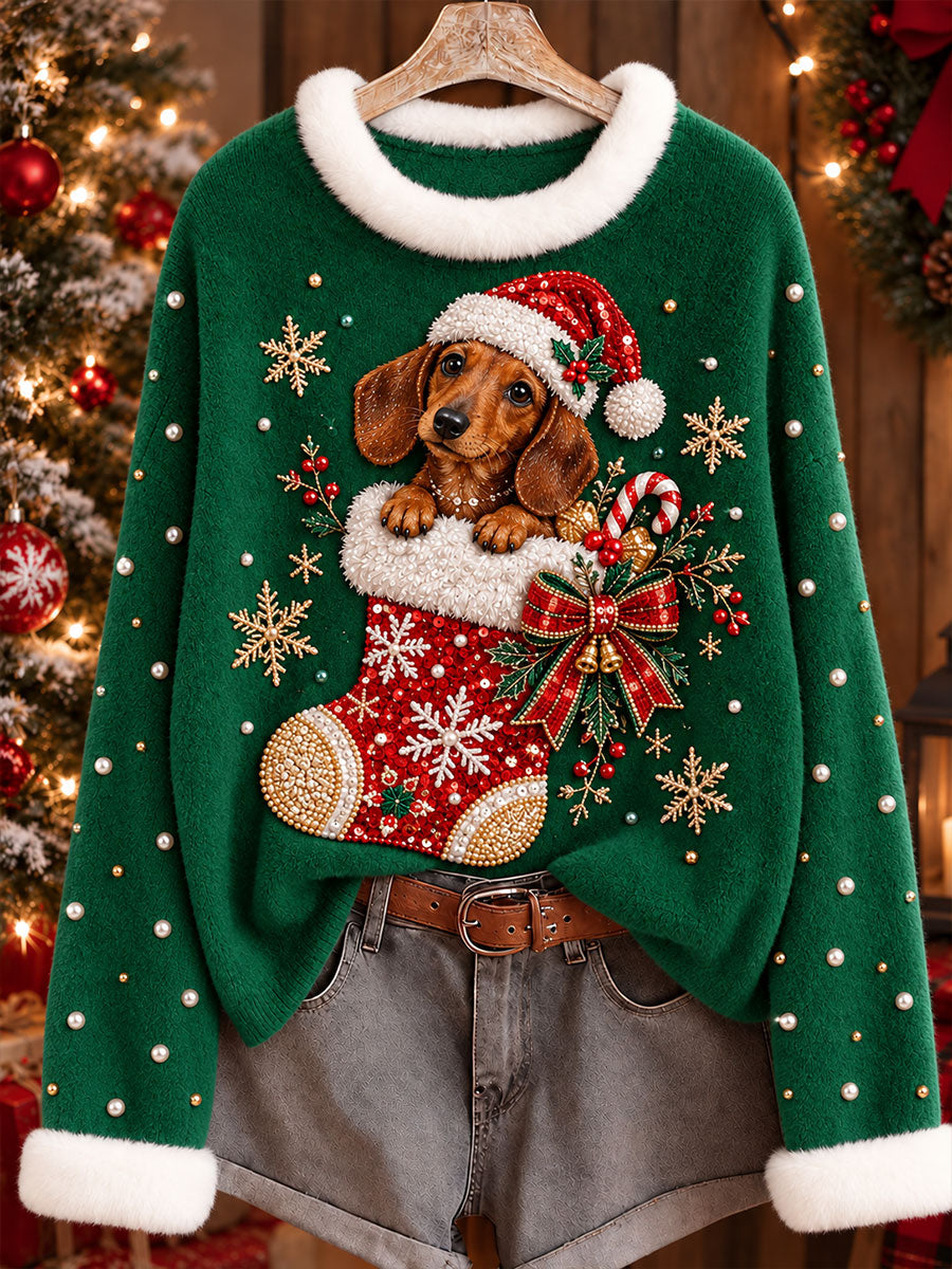 Women's Christmas Dachshund Print Sweater