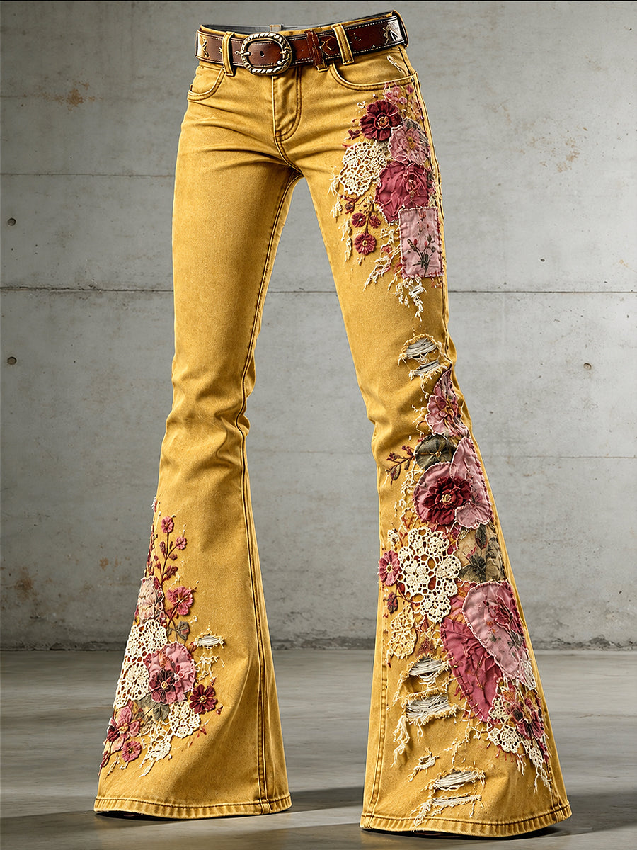 Women's Flowers Art Print Flared Trousers