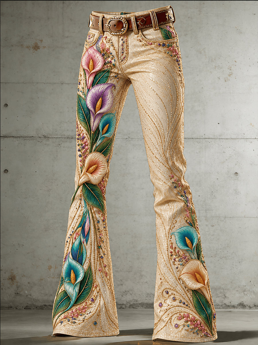Women's Flowers Art Print Flared Trousers