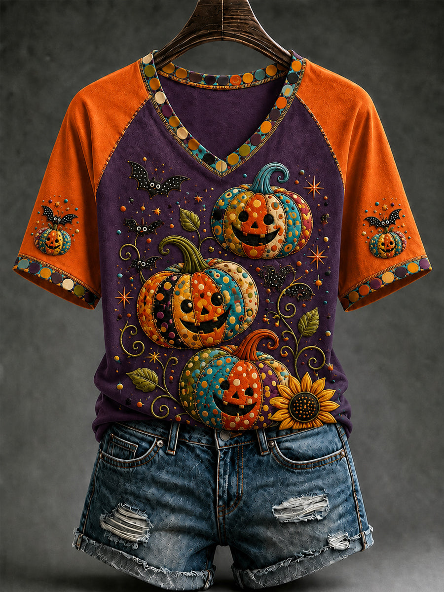 Women's Fall Halloween Pumpkin Bat Short Sleeve T-shirt