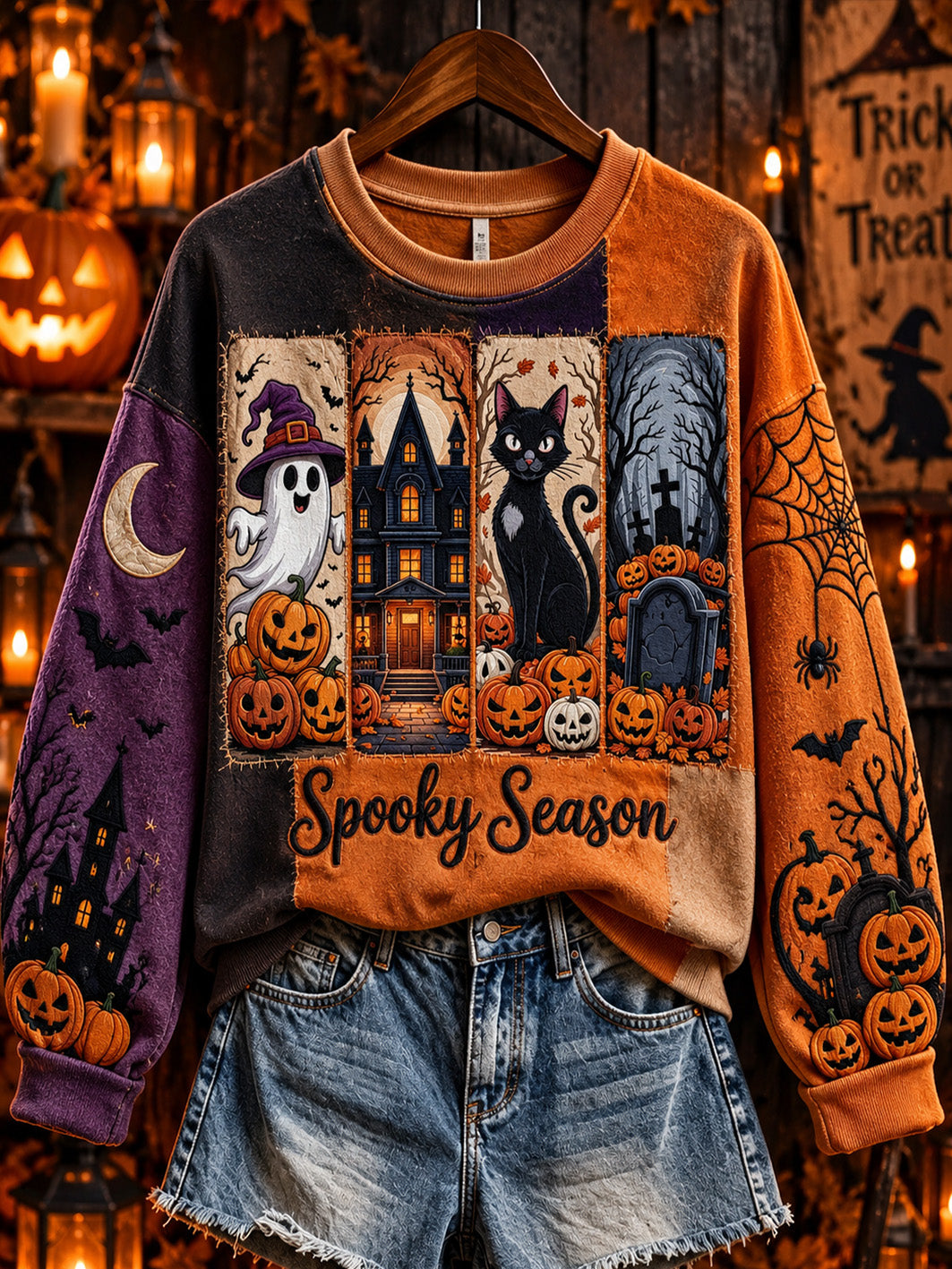 Women's Spooky Season Halloween Pattern Print Regular Sweatshirt