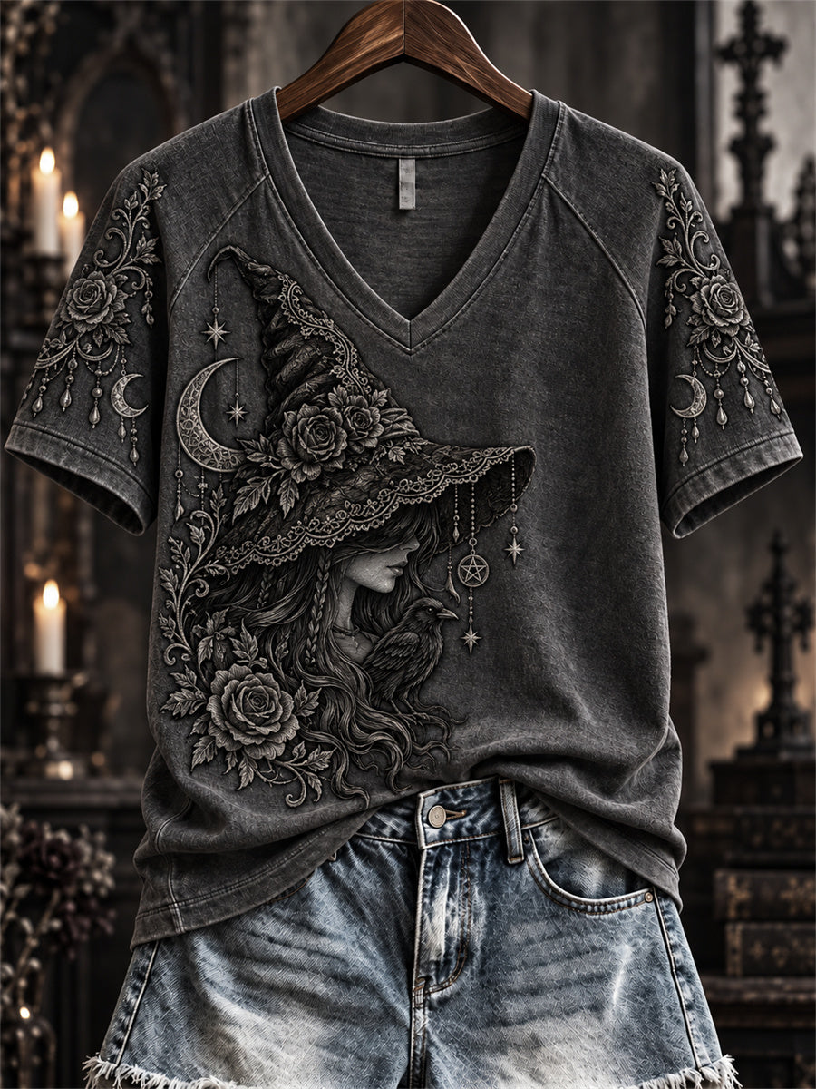 Women's Halloween Gothic Witch Lace Art Print short-sleeved T-shirt