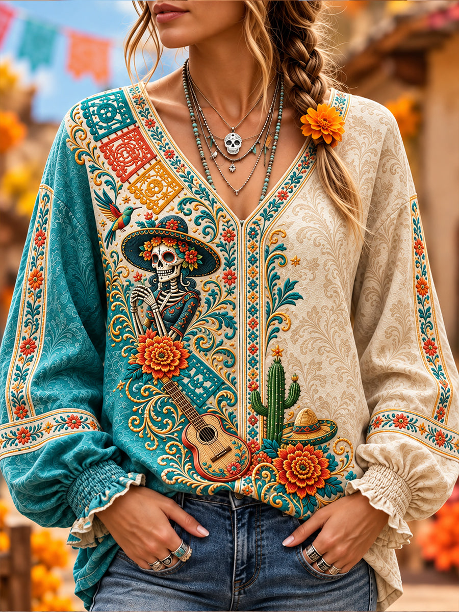 Women's Mexico's Day Of The Dead Art V-Neck Long Sleeve Top